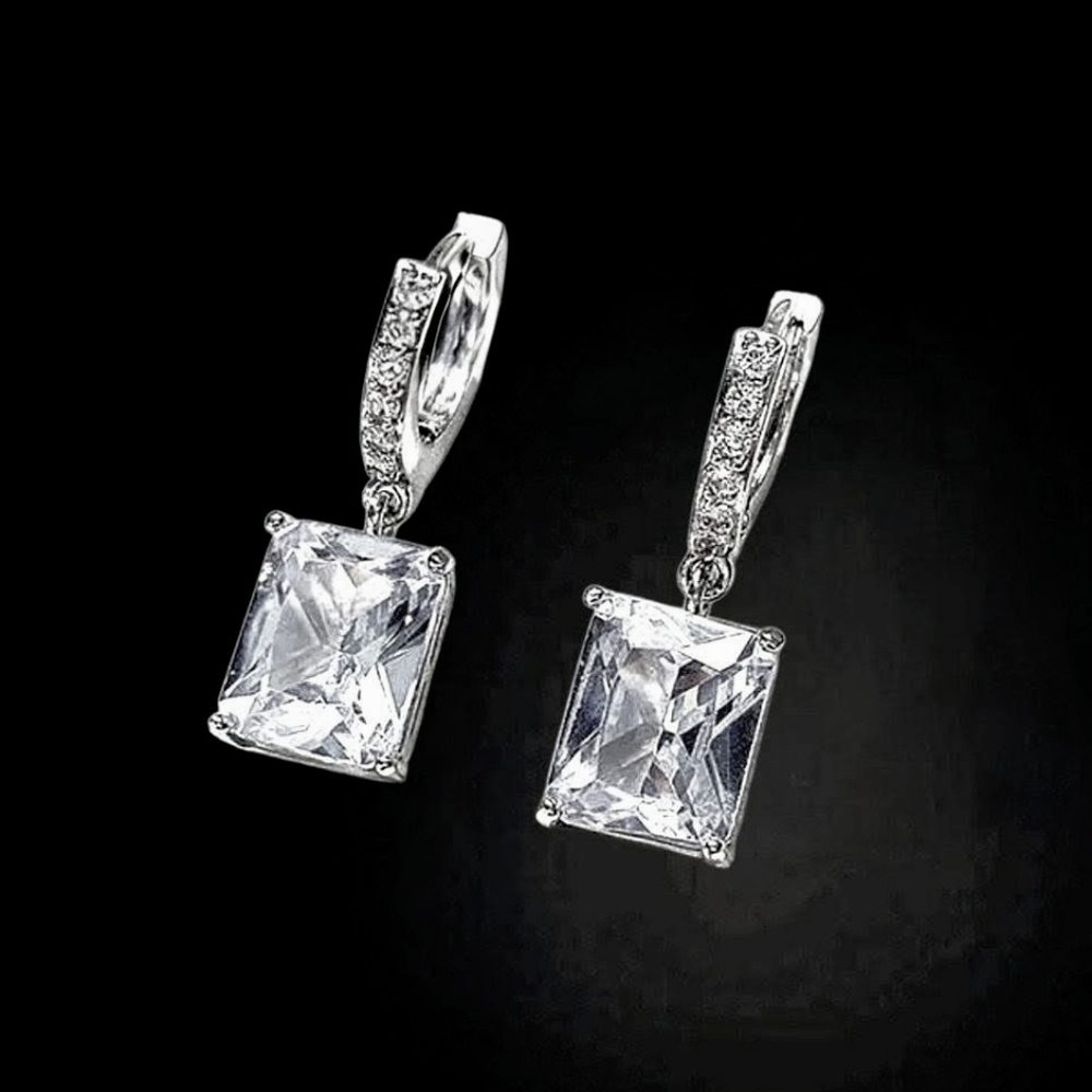White Topaz Drop Earrings Princess Cut Huggie Hoop
